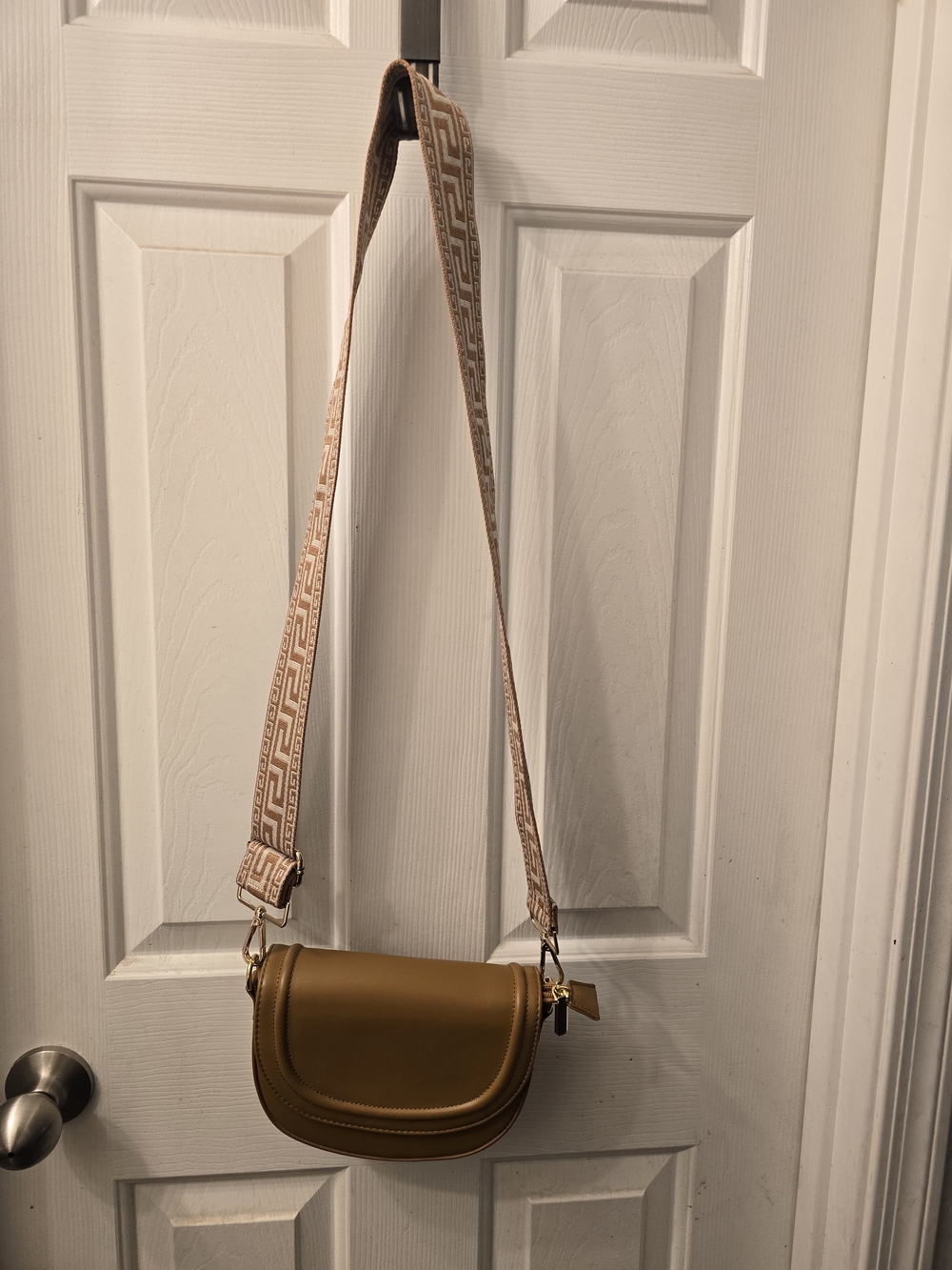 Compact Saddle Crossbody Bag in Tan with Patterned Strap